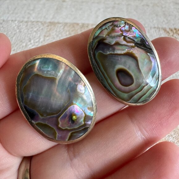 Vintage Abalone Clip On Earrings Alpaca Mexico - Picture 2 of 12